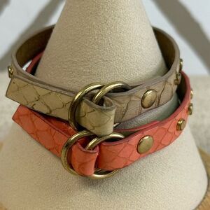 J Crew Genuine Leather Studded Coral & Beige Belt Bracelet Set
